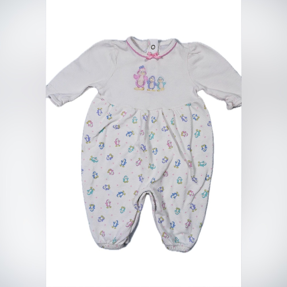 VINTAGE Waffle Knit Healthtex Baby Girl Romper With Pastel Penguins